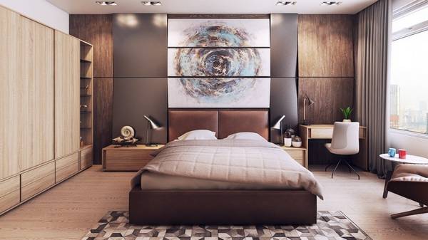 Объемный интерьер спальни «Angled wood» в нейтральной гамме - фото