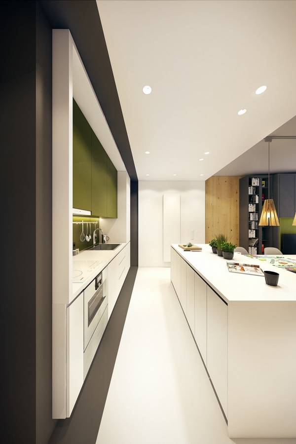 Минималистичная кухня «Cheerful white» с контрастным оформлением стен - фото