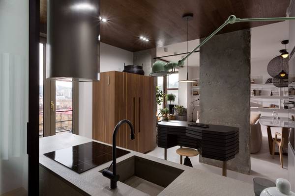 Кухня «Enzo» - минимализм в серо-коричневой гамме с бетоном с фото